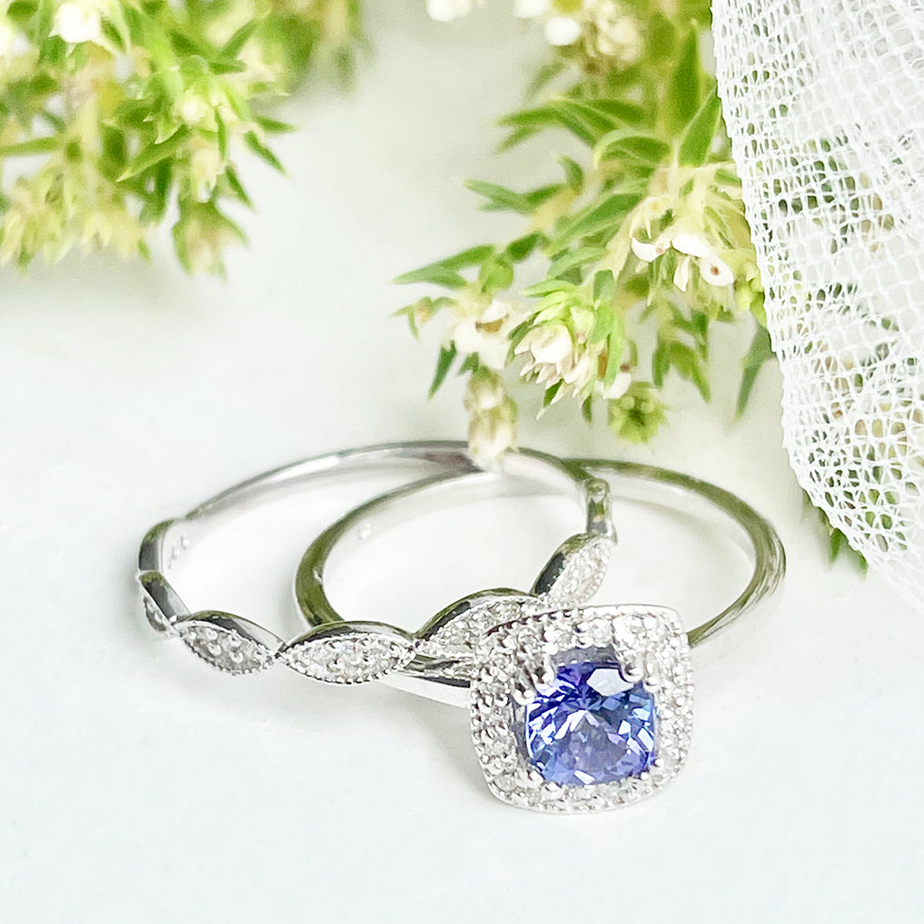 Diamond Halo Tanzanite Engagement ring and Band Wedding Set