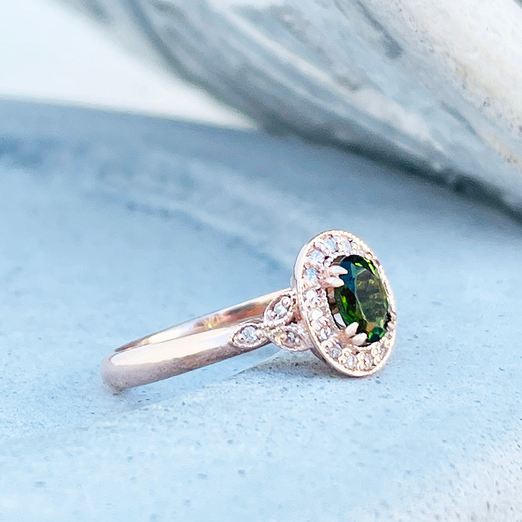 Divinely Decorative Green Tourmaline and Diamond Rose Gold Ring