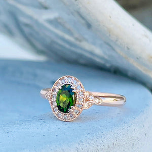 Divinely Decorative Green Tourmaline and Diamond Rose Gold Ring