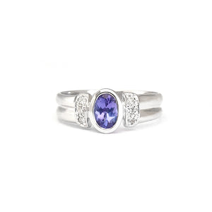 Double Band Oval Tanzanite Ring with Elaborate Diamond Shoulders