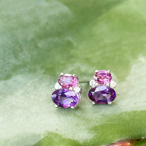 Double Oval Amethyst and Rhodalite Earrings with Diamond Highlights