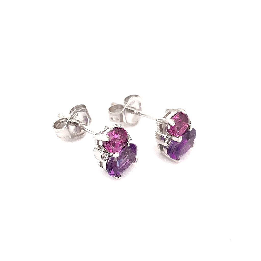 Double Oval Amethyst and Rhodolite Earrings with Diamond Highlights