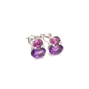 Double Oval Amethyst and Rhodolite Earrings with Diamond Highlights