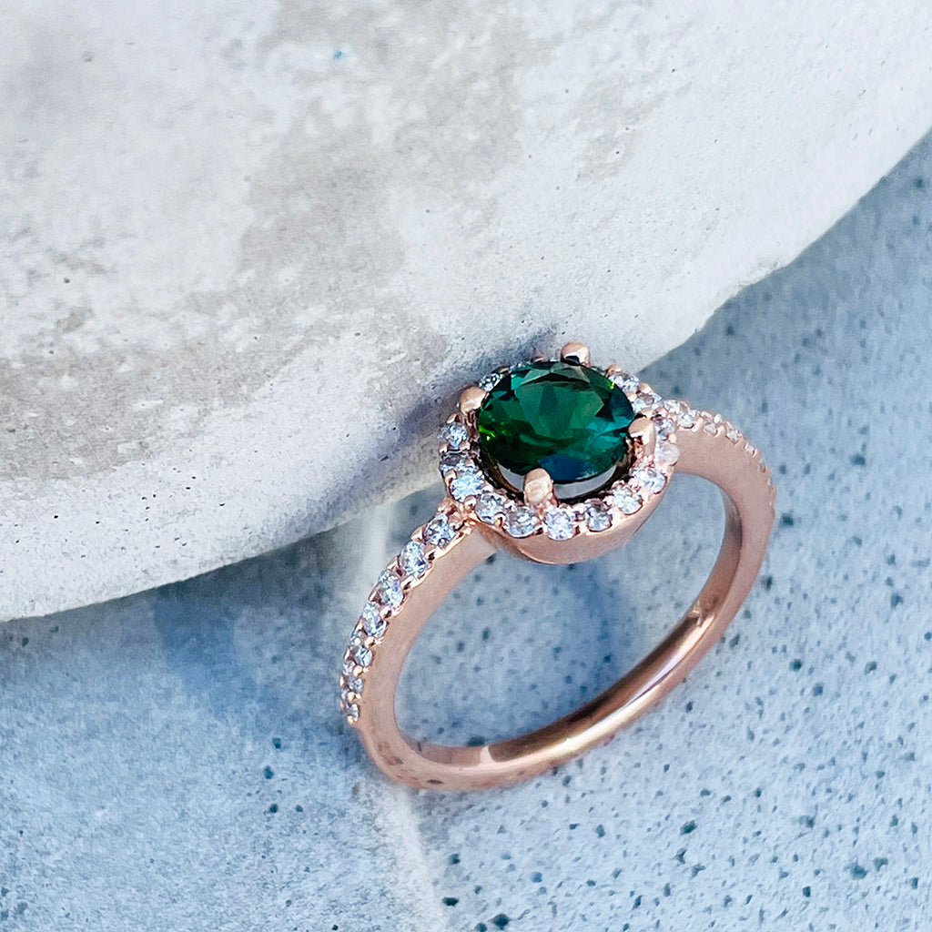 Elegance Defined Round Green Tourmaline and Diamond Halo Ring