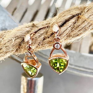 Elegant Bezel Peridot and Diamond Drop Rose Gold Earrings