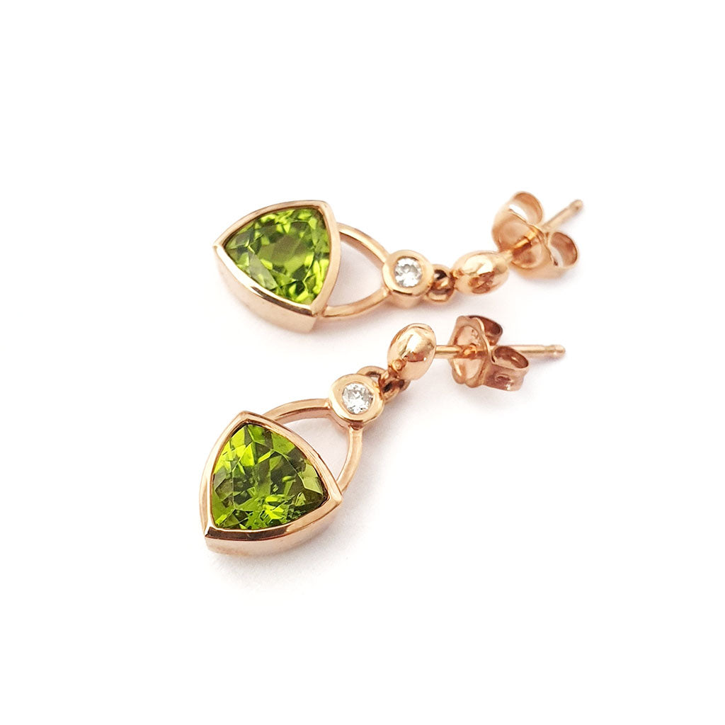 Elegant Bezel Peridot and Diamond Drop Rose Gold Earrings