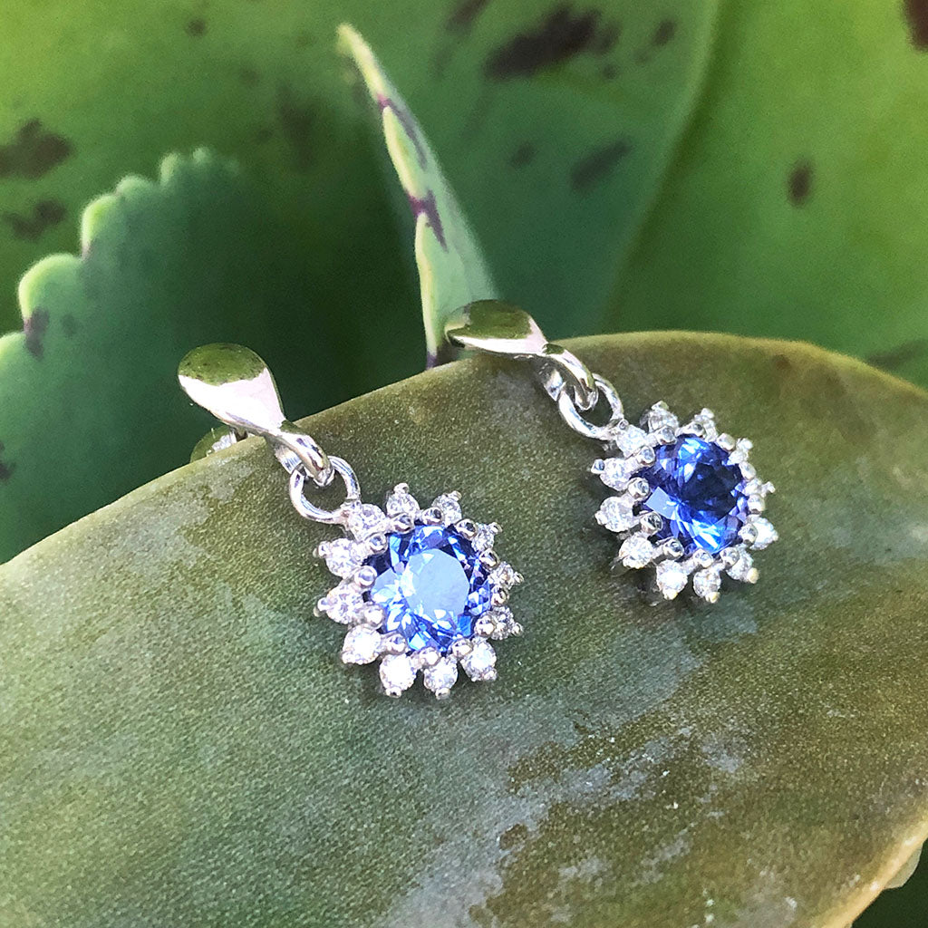Floral Diamond Halo Tanzanite Drop Earrings