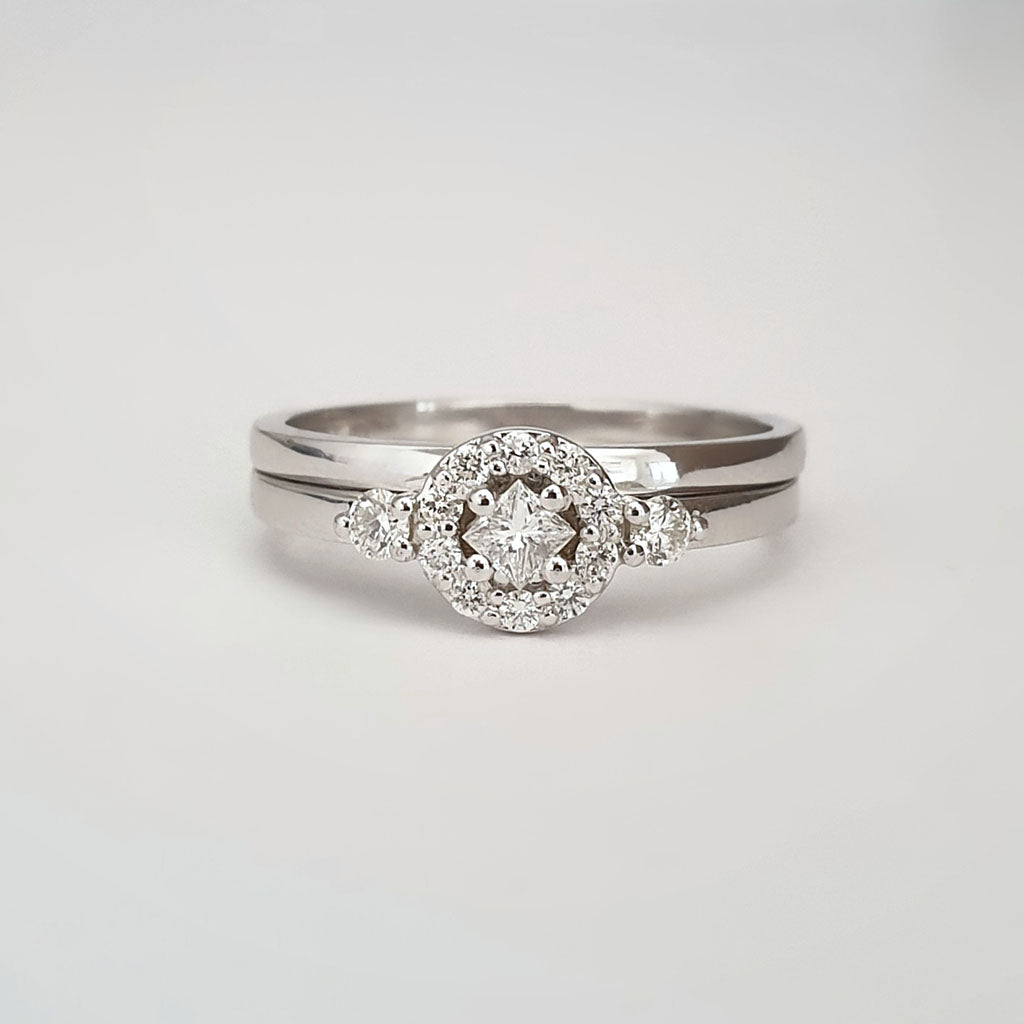 Floral Square Diamond Cluster and White Gold Band Wedding Set