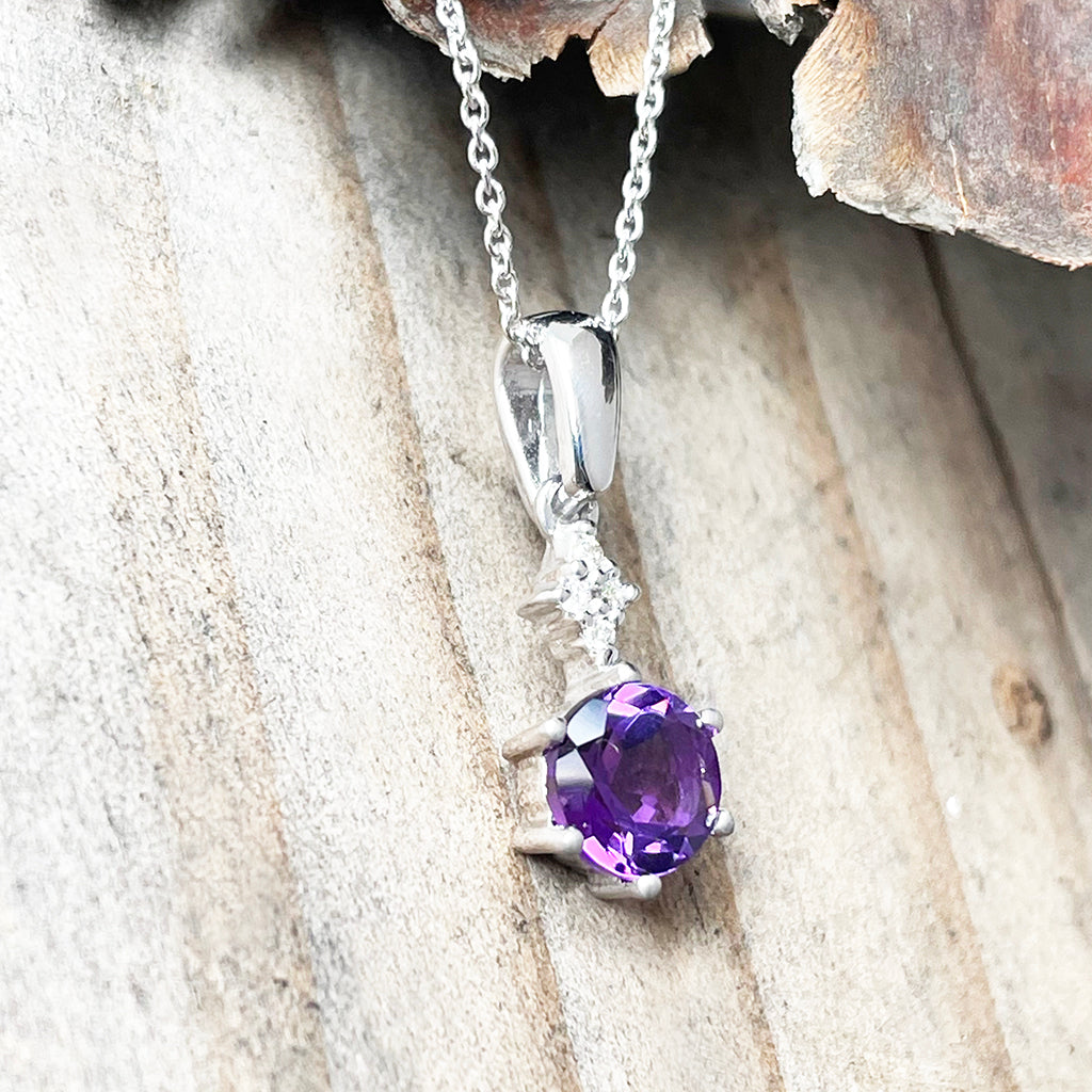 Gorgeous Amethyst and Four Diamond Drop Pendant and Chain