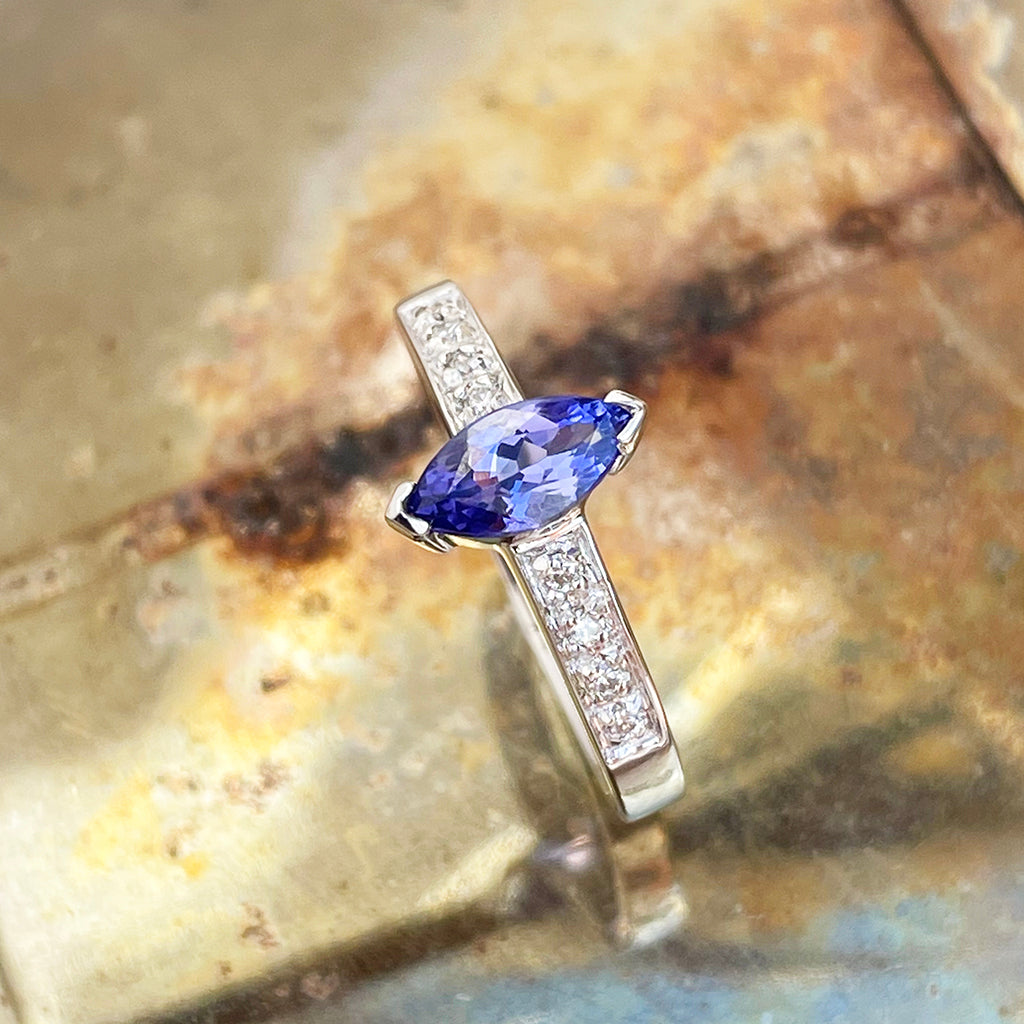 Gorgeous Marquise Tanzanite and Diamond Shouldered White Gold Ring