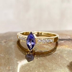Gorgeous Marquise Tanzanite and Diamond Shouldered Yellow Gold Ring