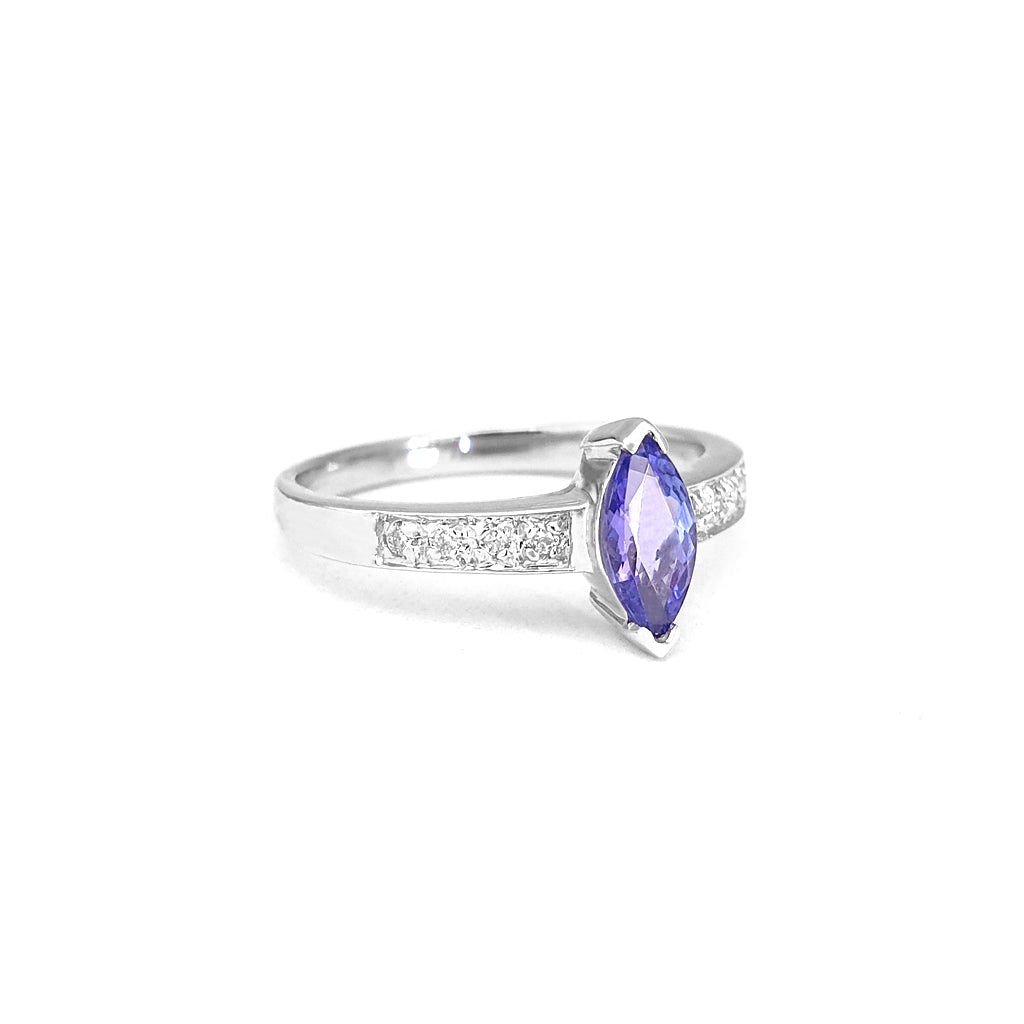Gorgeous Marquise Tanzanite and Diamond Shouldered White Gold Ring