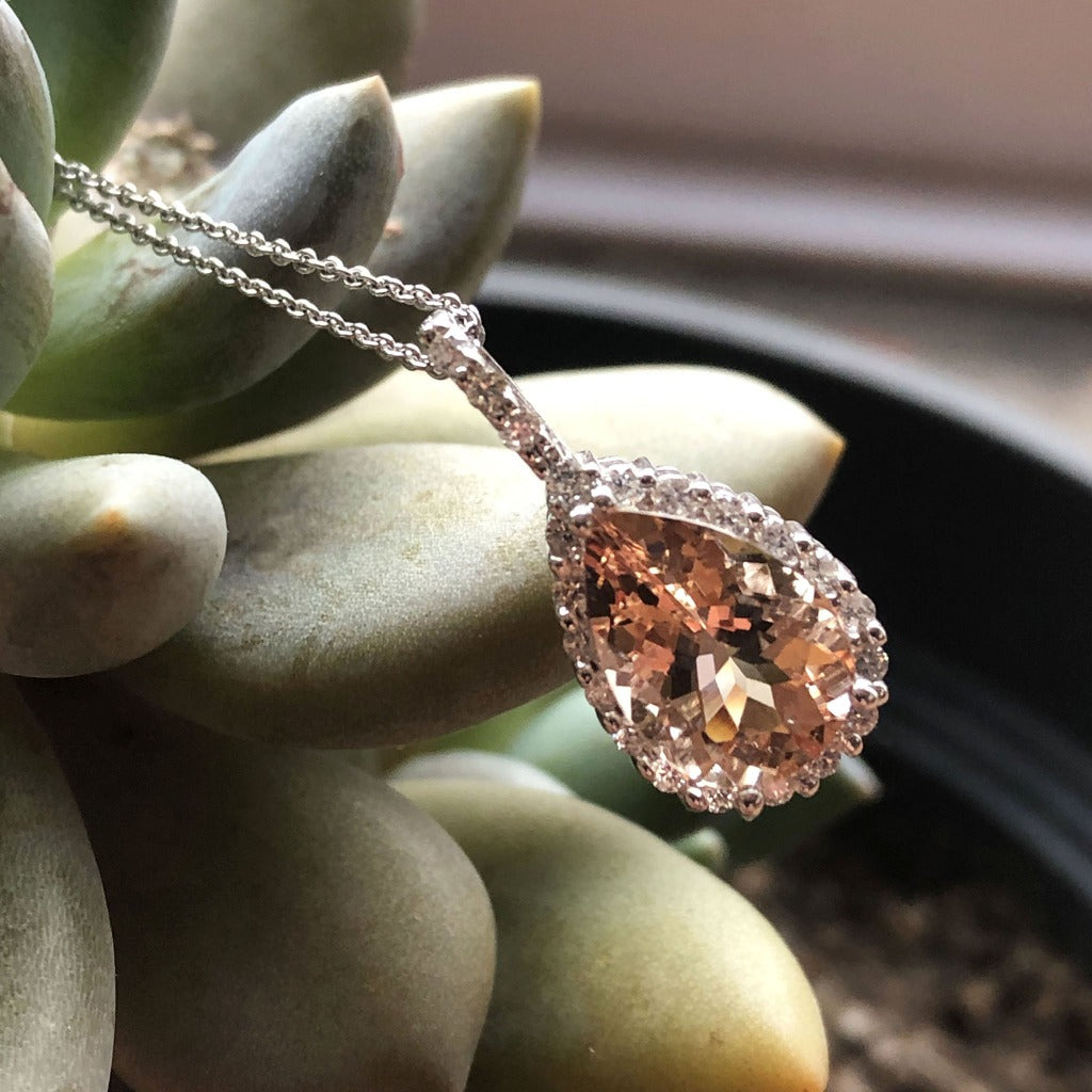 Pear Cut Morganite Pendant with Delicate Diamond Halo and Bale Accents