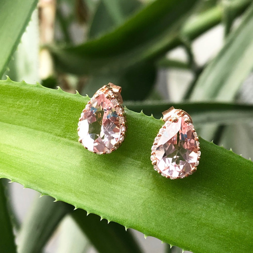 Rose Gold Pear Cut Pink Morganite and Diamond Halo Earrings