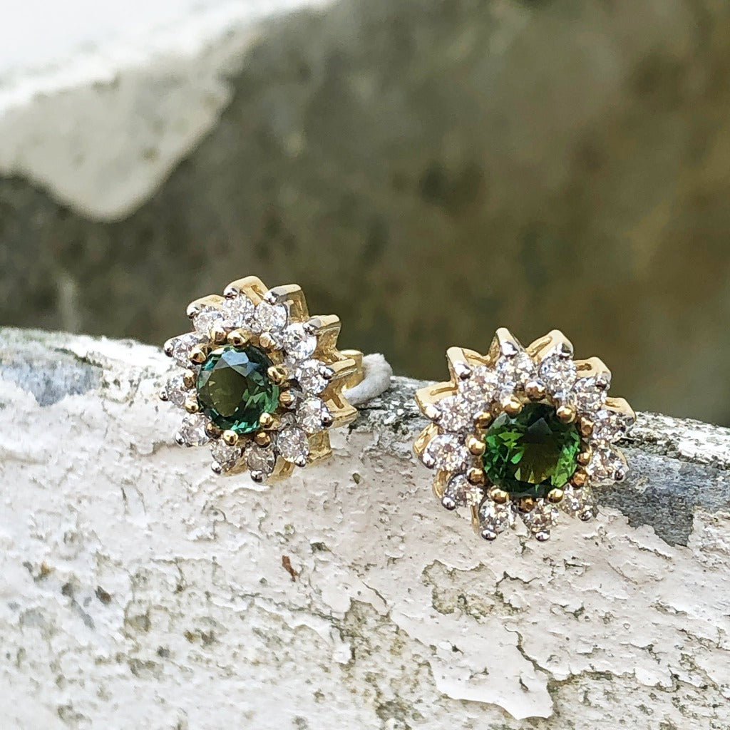 Deep Green Tourmaline and Diamond Halo Yellow Gold Earrings