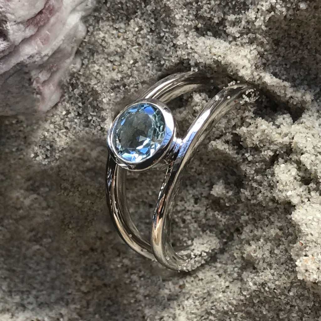 Double Band Round Cut Blue Topaz and White Gold Ring