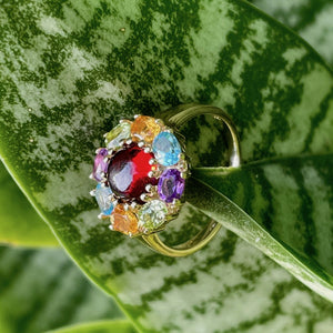 Rainbow Flower Garnet Cabochon Ring