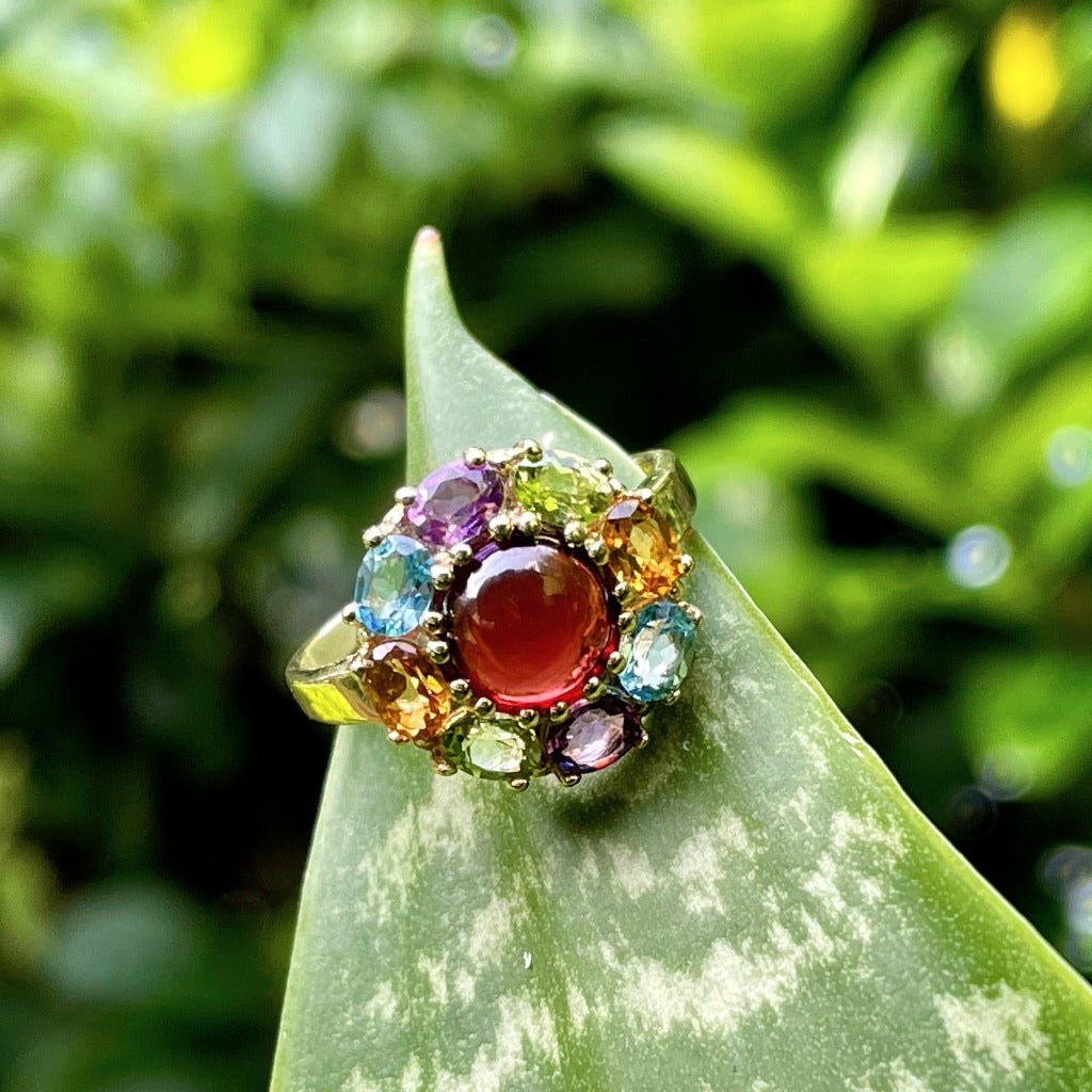 Rainbow Flower Garnet Cabochon Ring