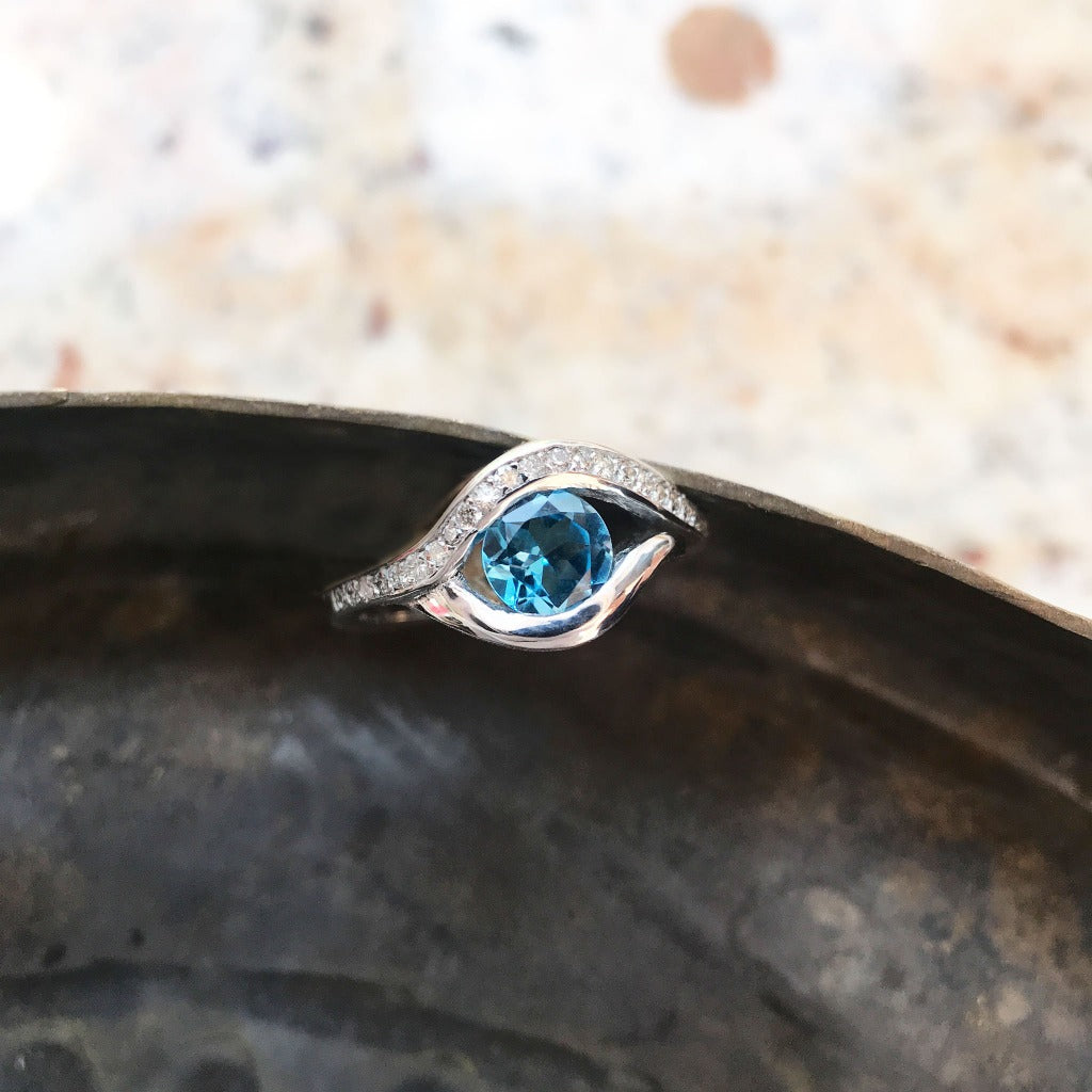 Round Cut Topaz and Pavé Diamond Ring