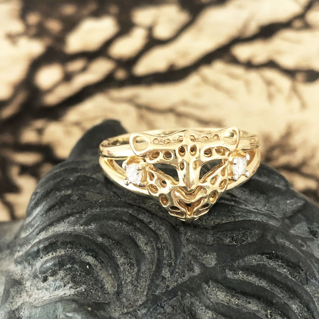 Gold Leopard Head Ring with Diamond Accents