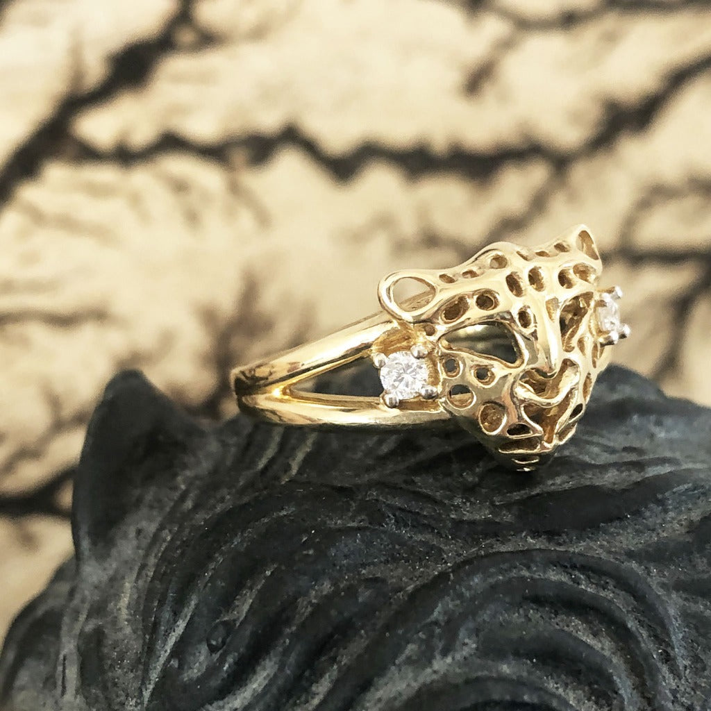 Gold Leopard Head Ring with Diamond Accents