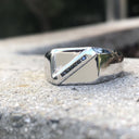 Mens  Unisex White Gold Signet Ring With Diagonal Black Diamond Detail