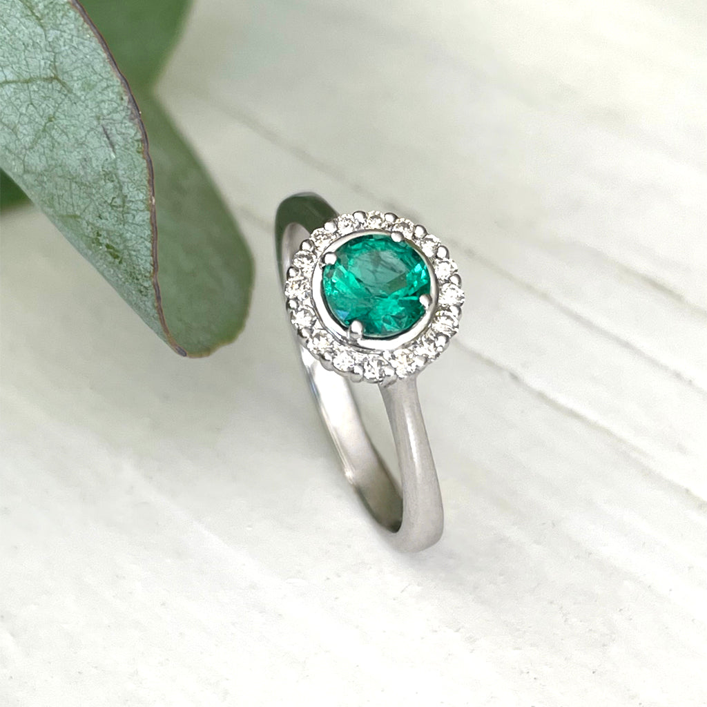 Classic Round Cut Emerald With Diamond Halo Ring