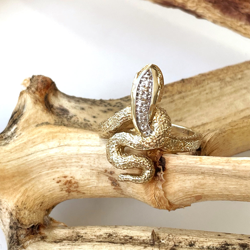 Unique Diamond Headed Yellow Gold Snake Ring