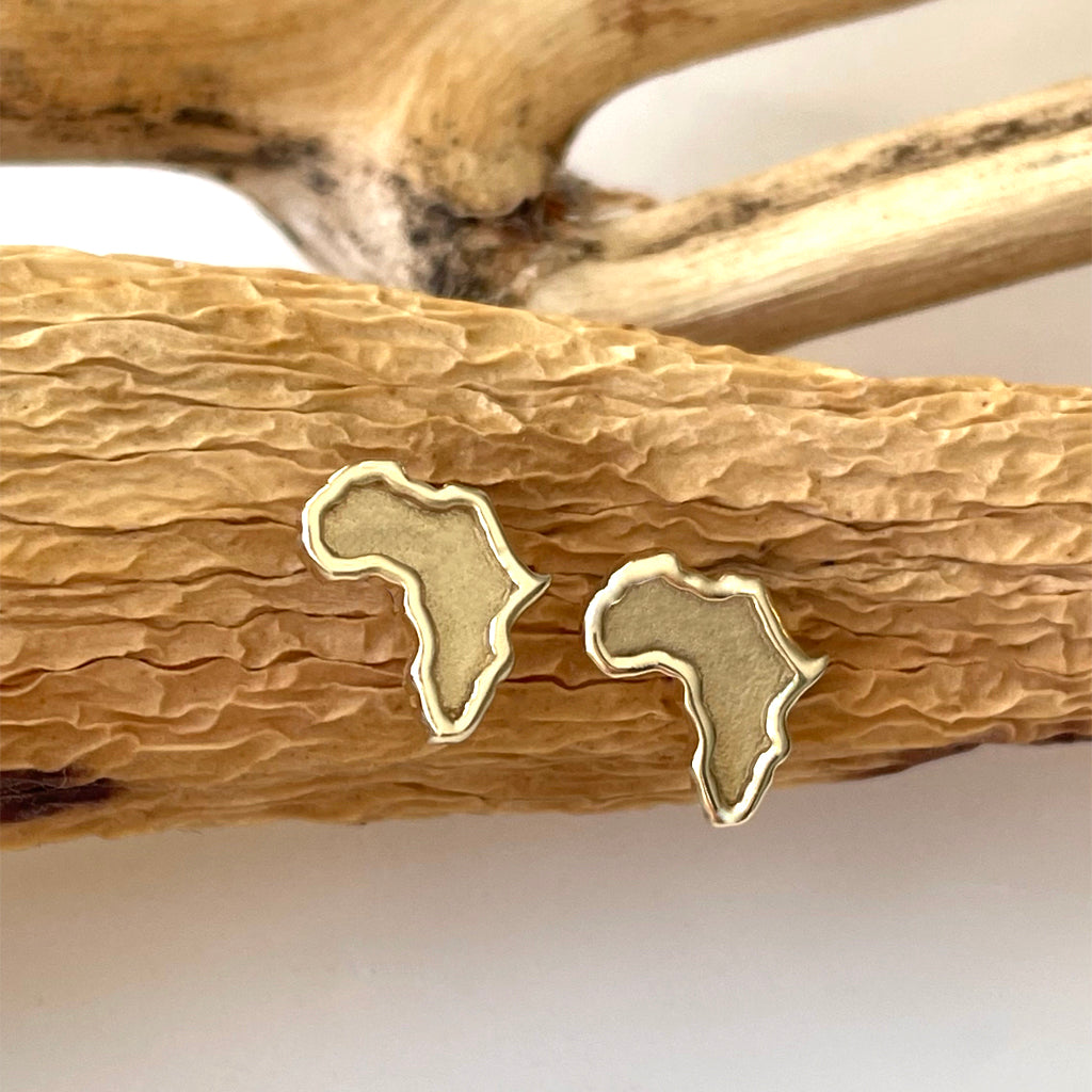 Gorgeous Yellow Gold Africa Map Studs with Brushed Gold Centers