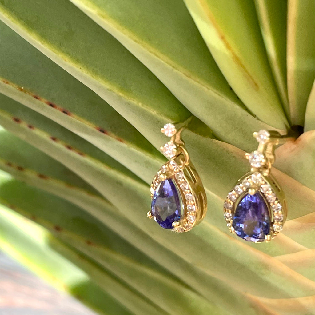 Scintillating Pear Cut Tanzanite and White Diamond Halo and Highlight Drop Earrings