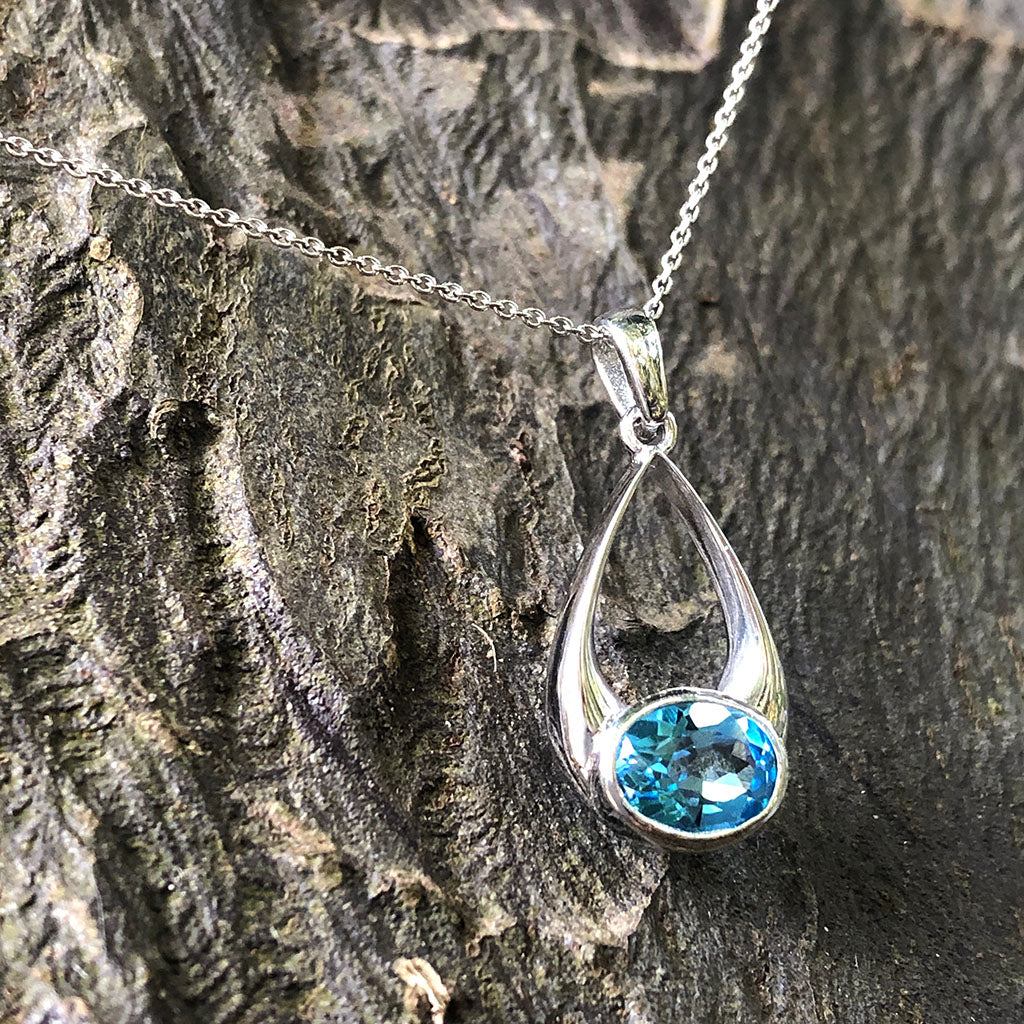 Oval Cut Blue Topaz Wide Droplet Pendant and Chain