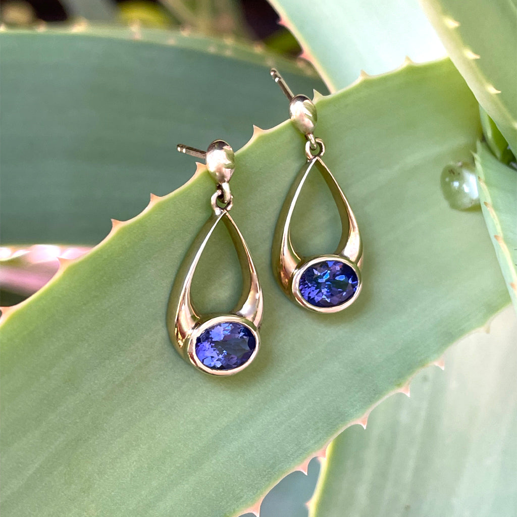 Oval Hooped Droplet Shaped Tanzanite Yellow Gold Earrings