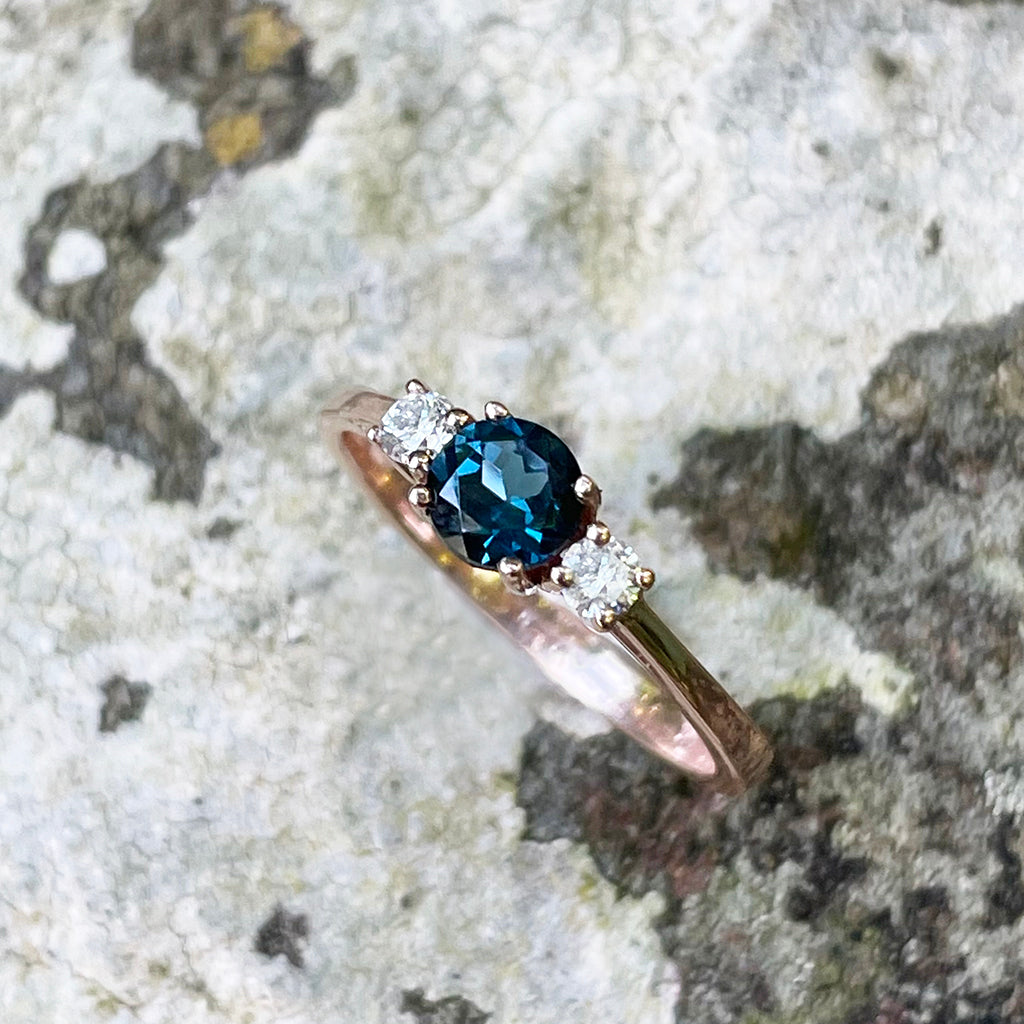 Petite London Blue Topaz and Diamond Trilogy Rose Gold Ring