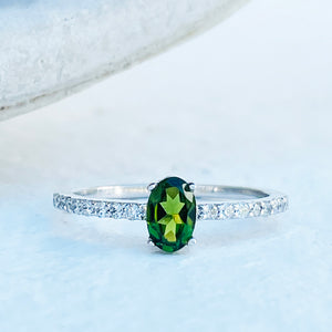 Petite Oval Green Tourmaline and Diamond White Gold Ring
