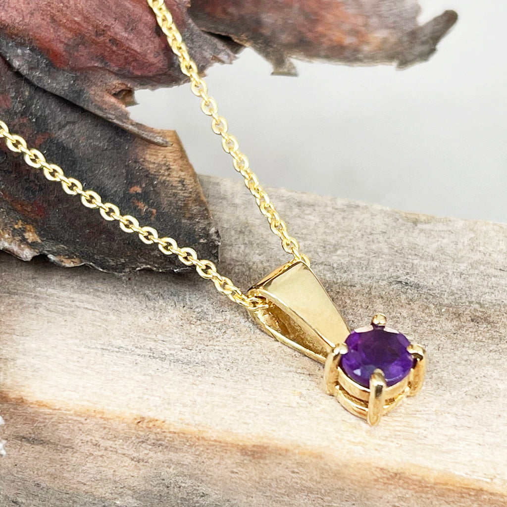 Petite Solid Bale Round Amethyst Yellow Gold Pendant