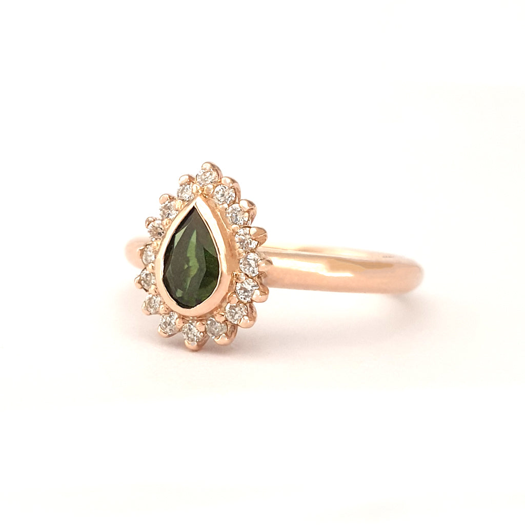 Radiant Pear Cut Green Tourmaline with Diamond Halo Ring