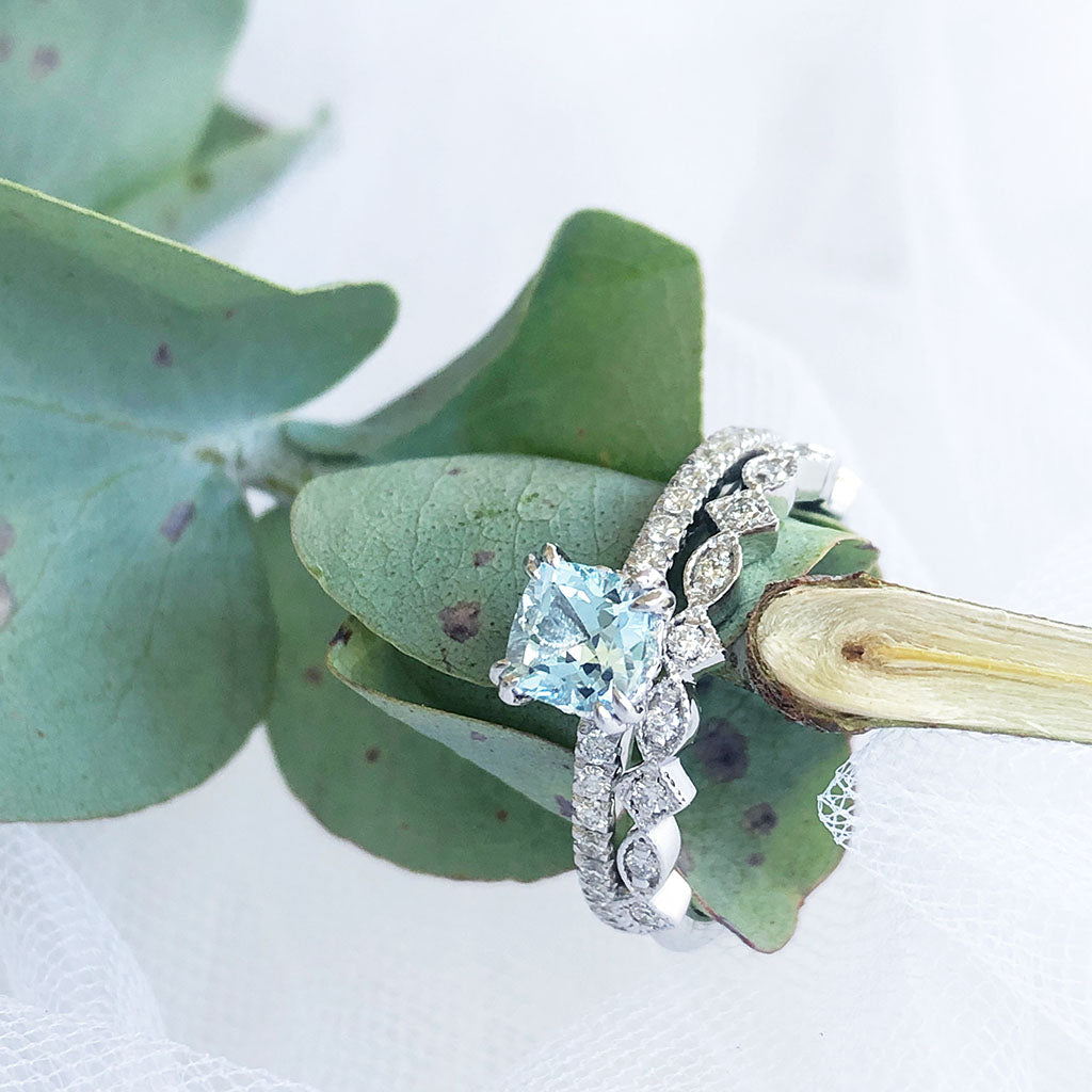 Raised Cushion Cut Aquamarine, Diamond Engagement Ring with Diamond Wedding Band Set **