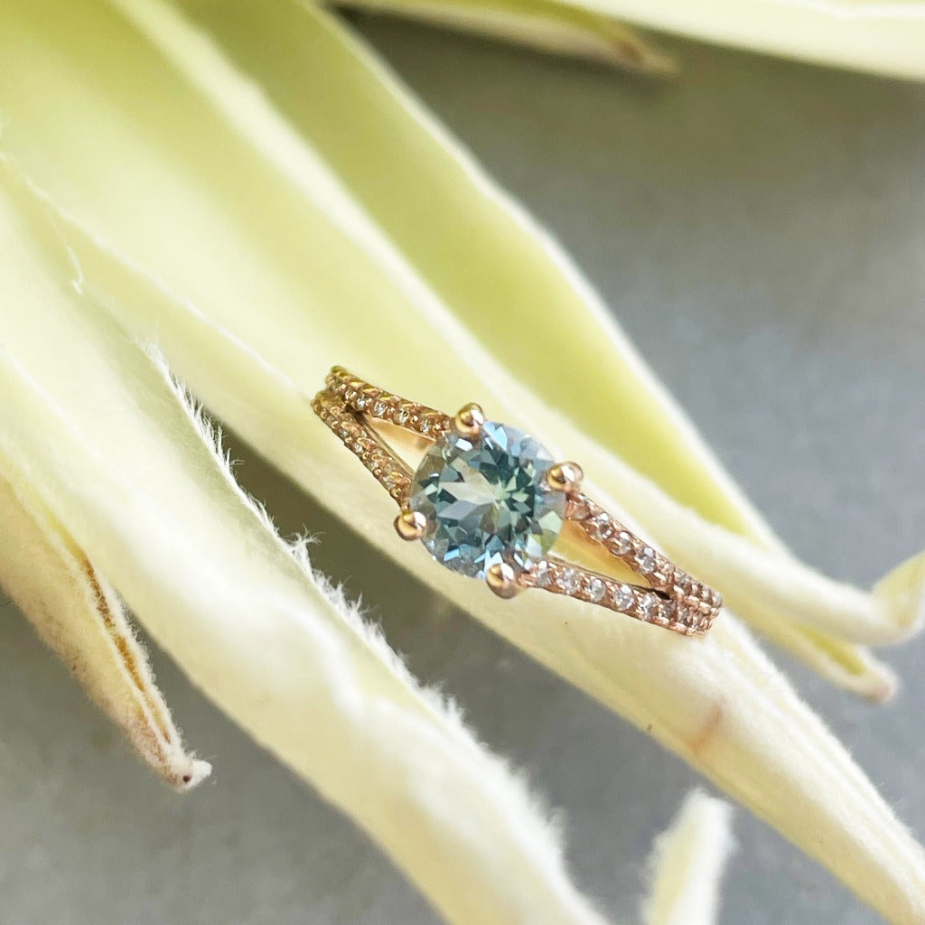 Rose Gold Aquamarine Split Shank Accent Diamond Ring