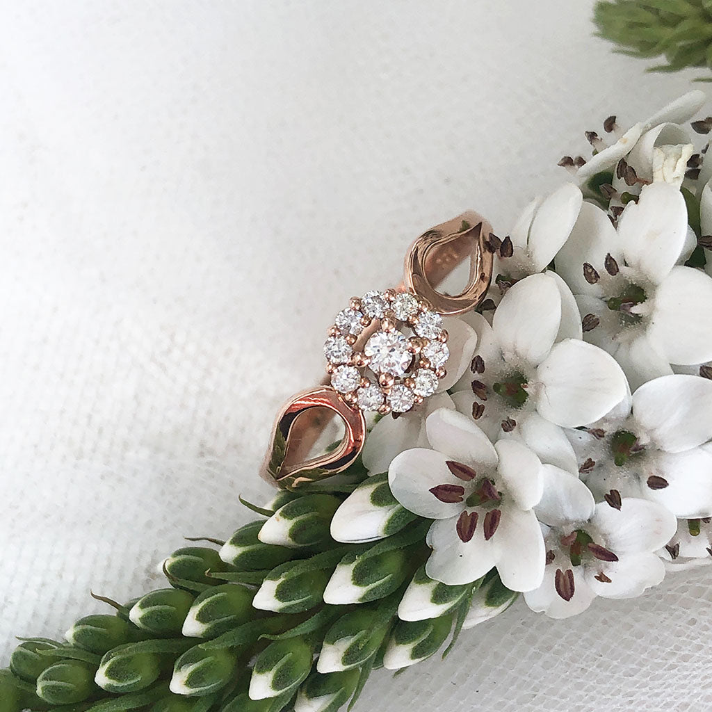 Rose Gold Diamond Flower Cluster Engagement Ring With Diamond Accented Wedding Band Set