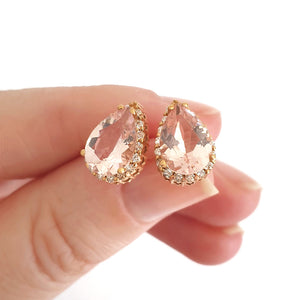  Rose Gold Pear Cut Pink Morganite and Diamond Halo Earrings