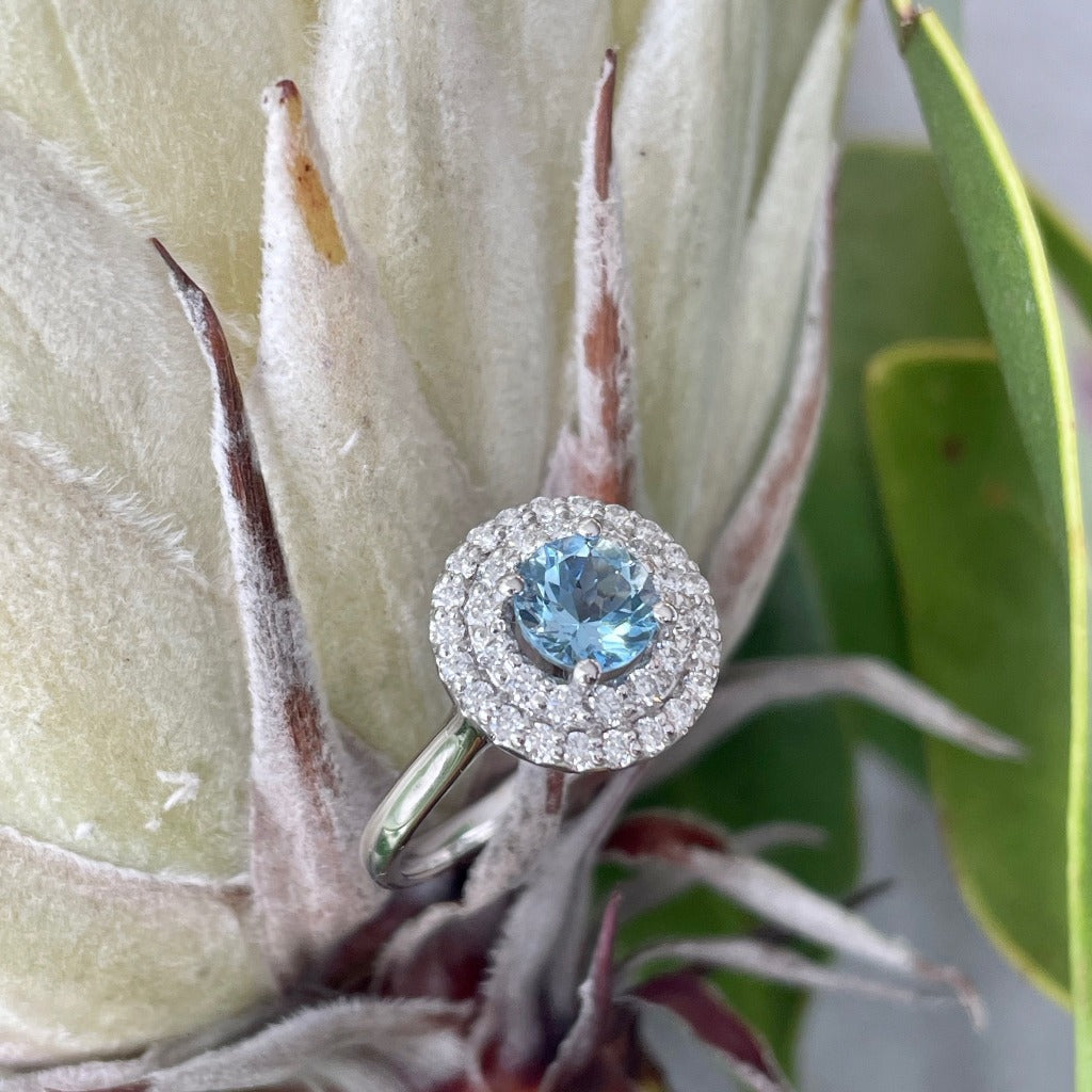 Round Double Halo Diamond and Aquamarine Ring