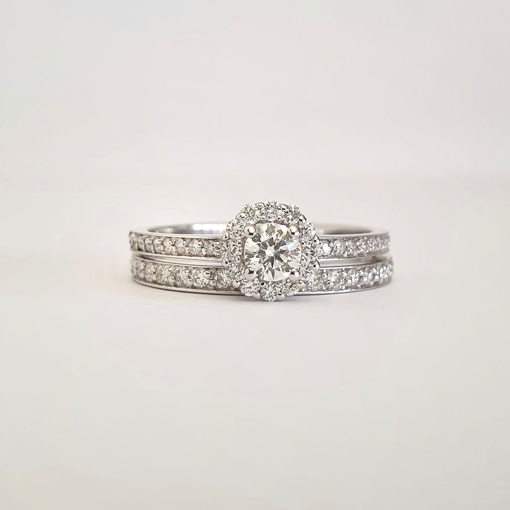 White Diamond Cluster and Diamond Band Engagement Ring Wedding Set