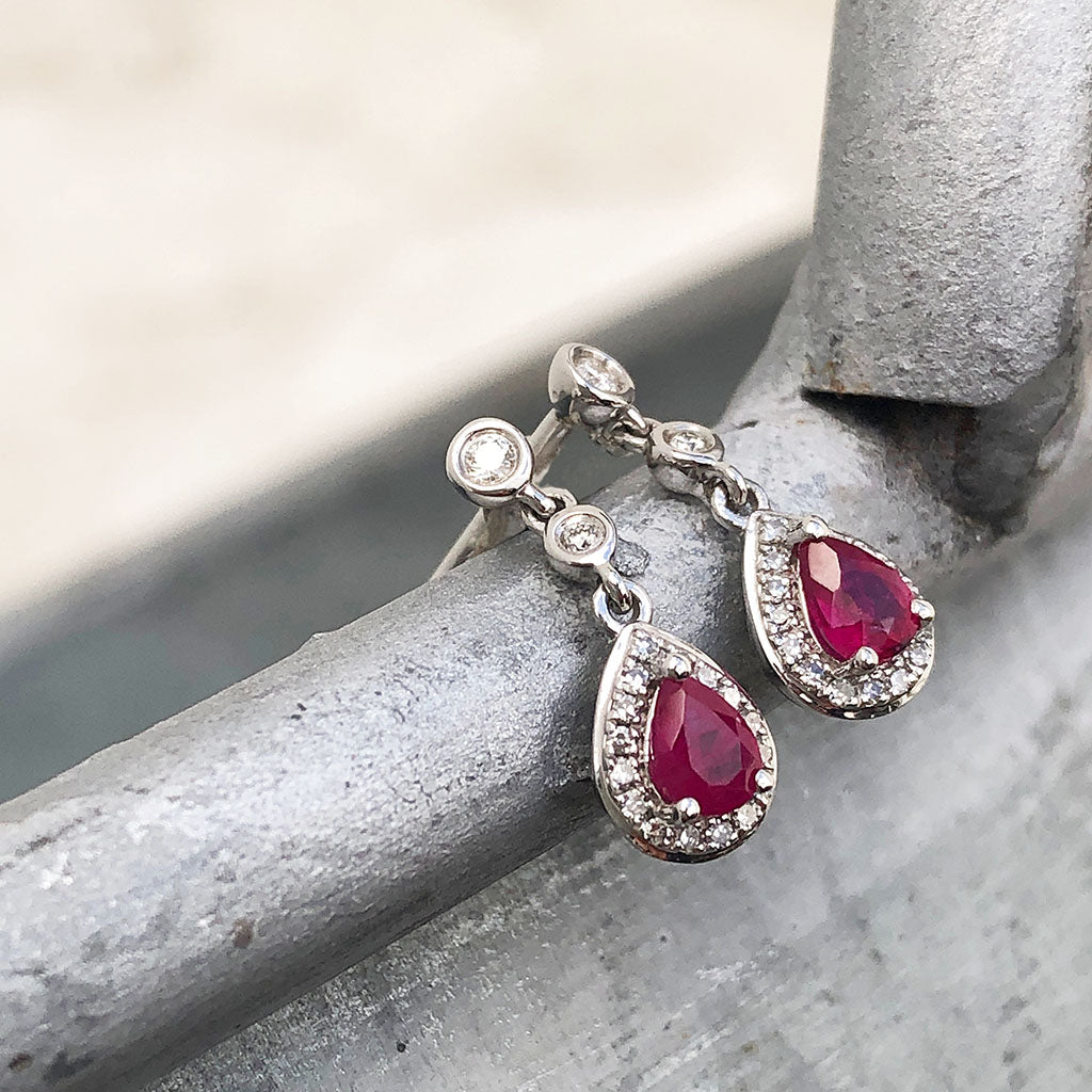 Ruby and Diamond Halo Droplet earrings