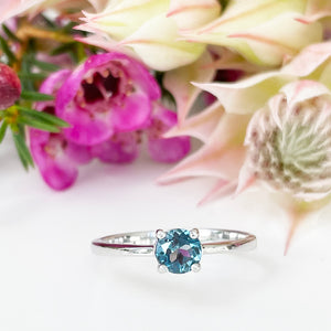 Silver Four Claw Solitaire London Blue Topaz Round Cut Ring