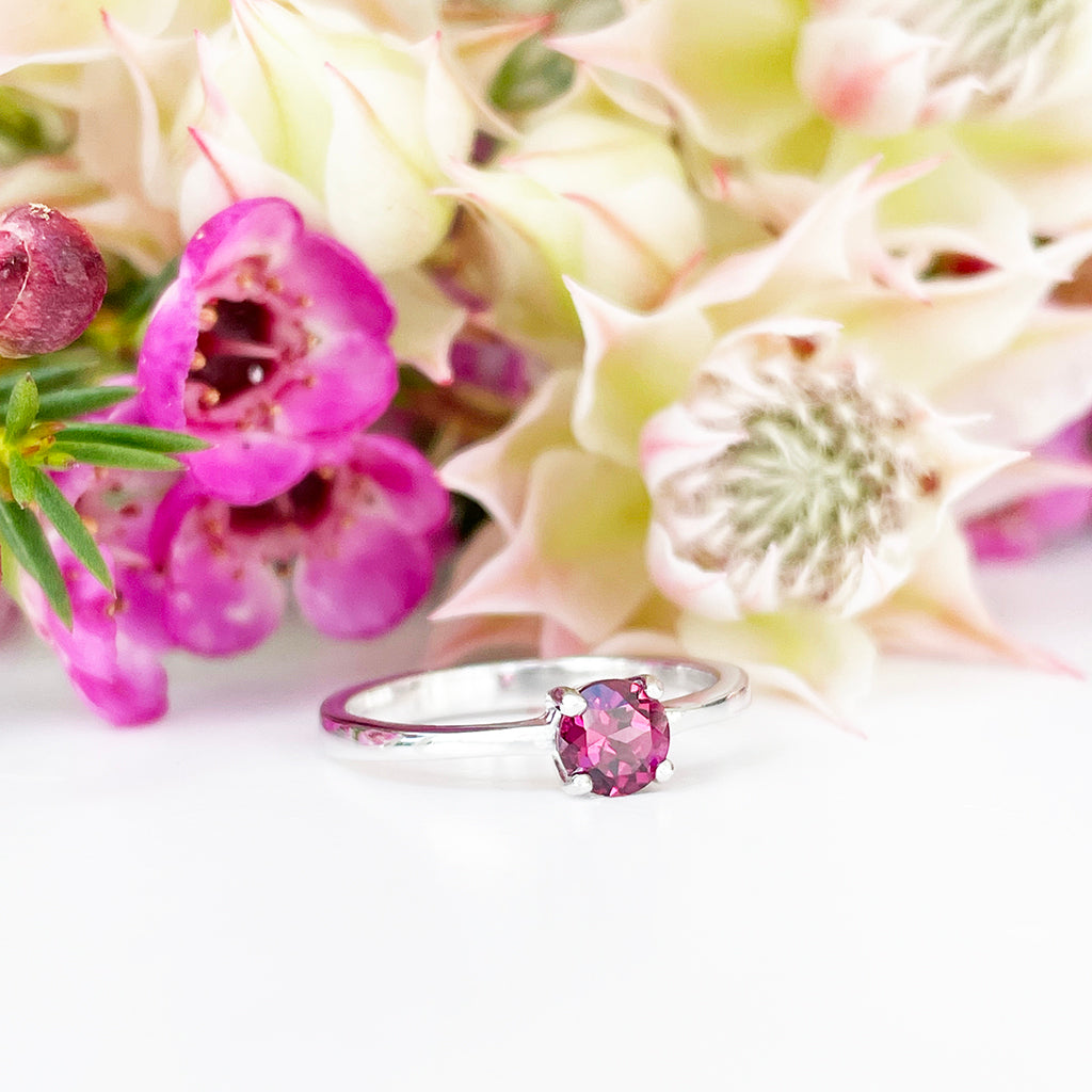 Silver Four Claw Solitaire Rhodolite Round Cut Ring