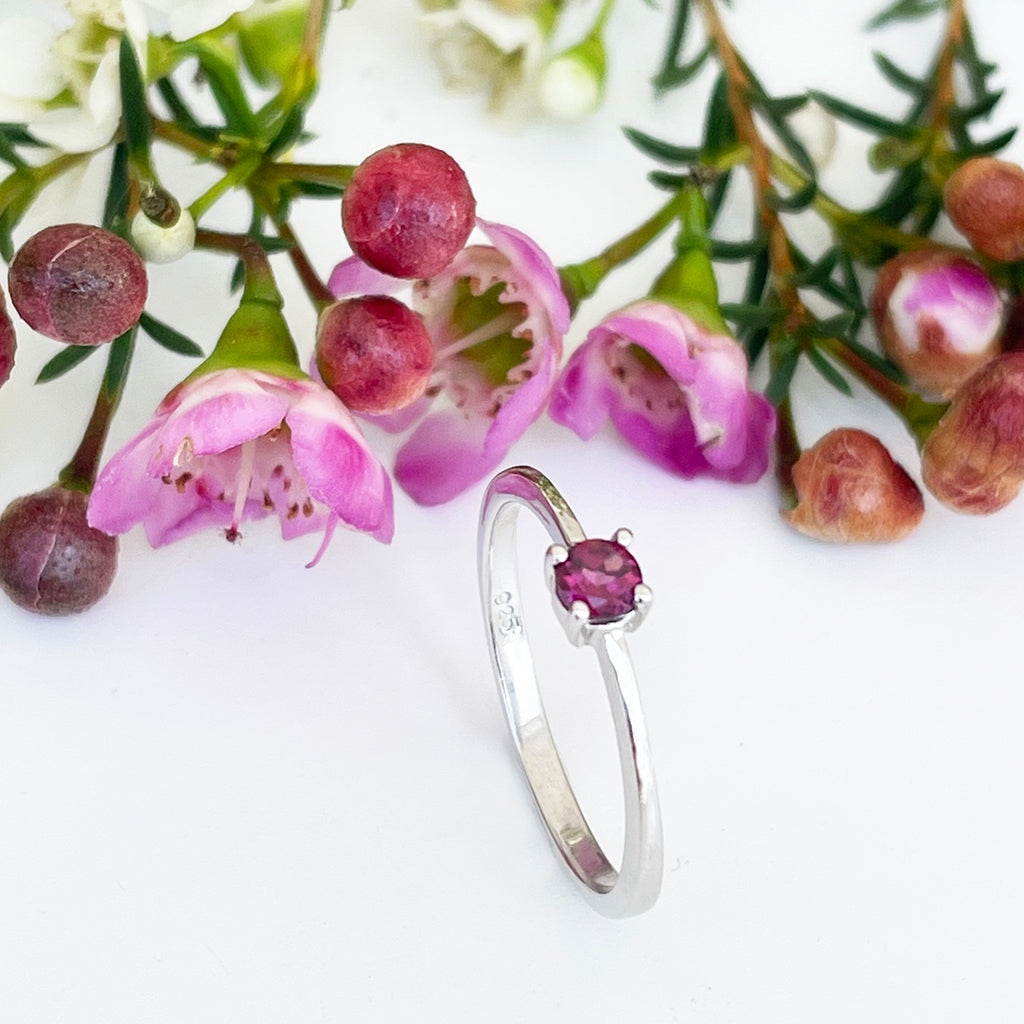 Silver Petite Solitaire Rhodolite Ring