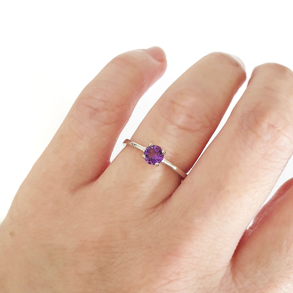 Silver Solitaire, Amethyst Round Cut Ring
