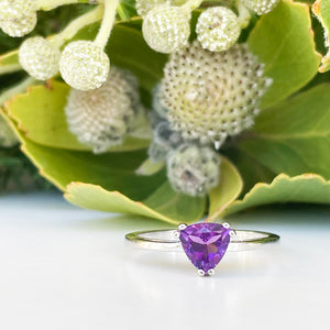 Silver Solitaire Amethyst Trilliant Cut Ring