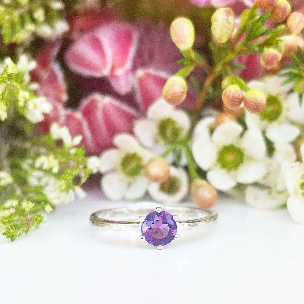 Silver Solitaire Six Claw Amethyst Ring