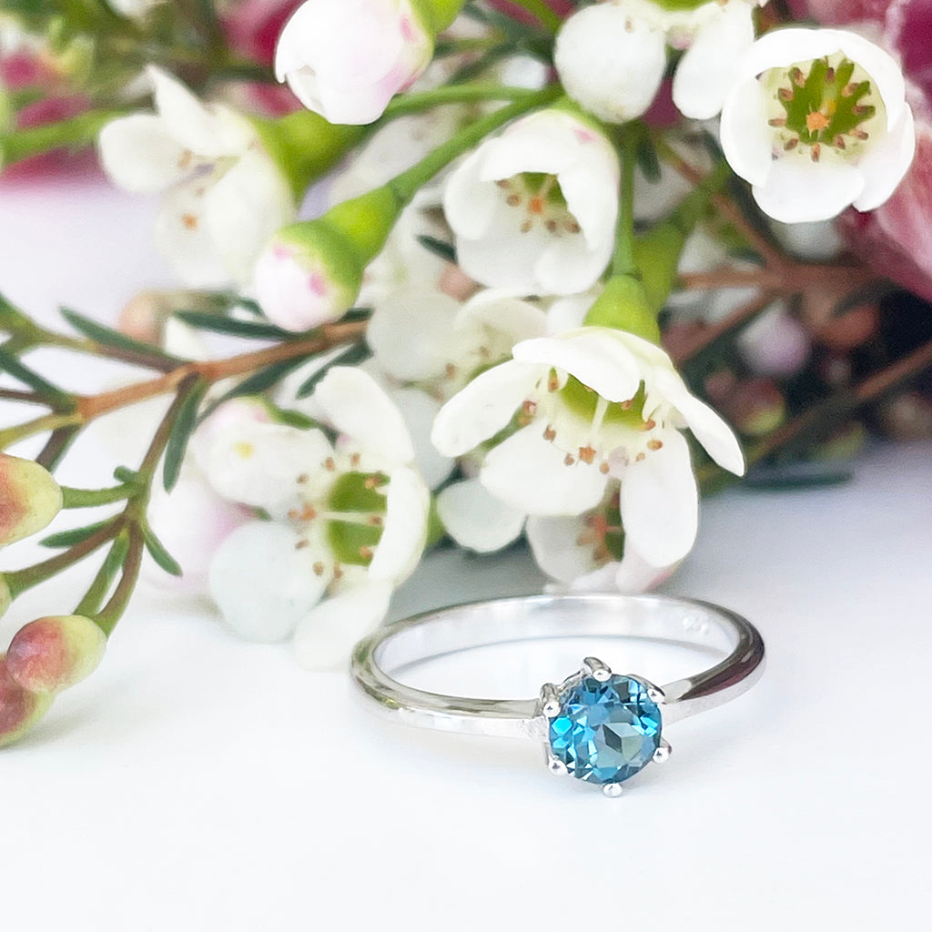 Silver Solitaire Six Claw London Blue Topaz Ring
